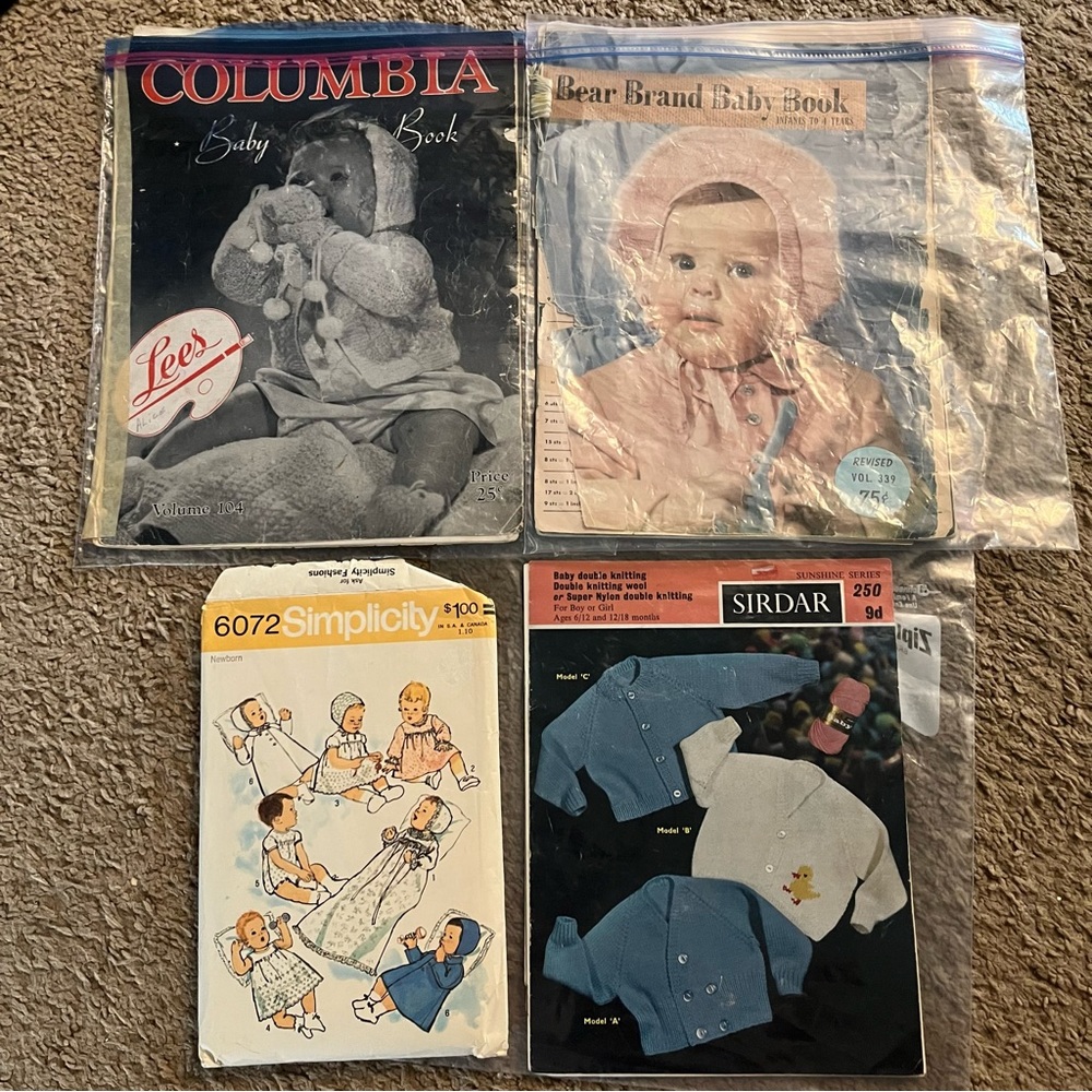 Knitting magazine/book & baby sewing patterns lot, Columbia, simplicity, sirdar